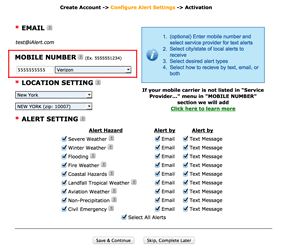 Location option to add mobile phone on alert setting page Image