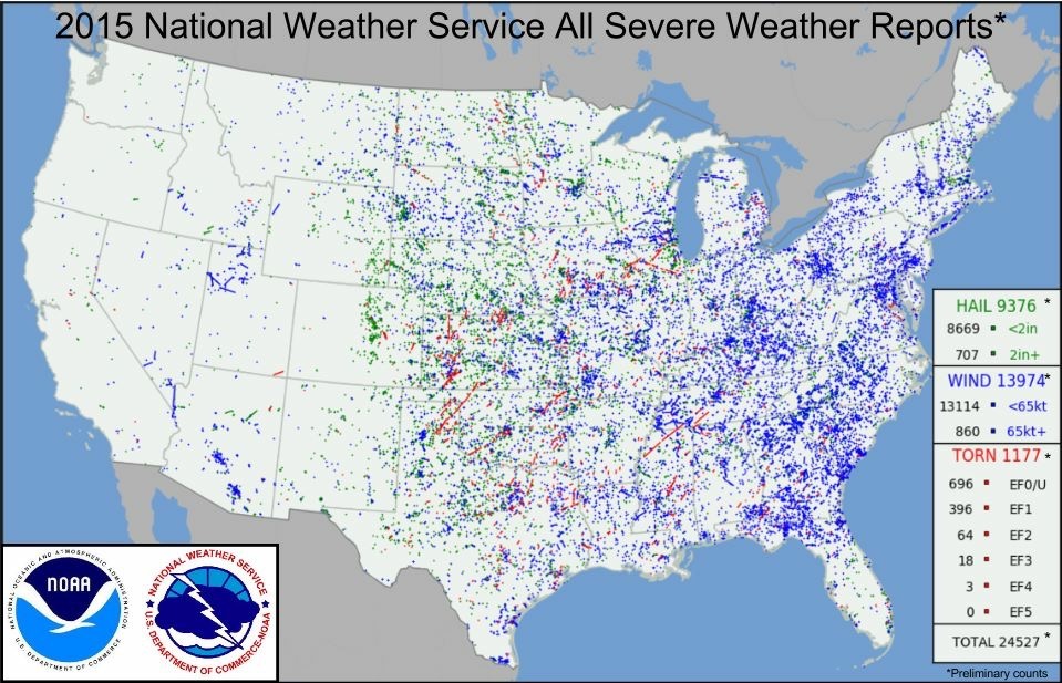 Total severe thunderstorm wind, hail, and tornado reports for 2015