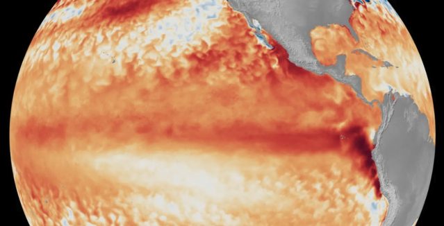NOAA El Nino forecast map showing warm sea surface temperature anomalies in the equatorial Pacific, June 2026