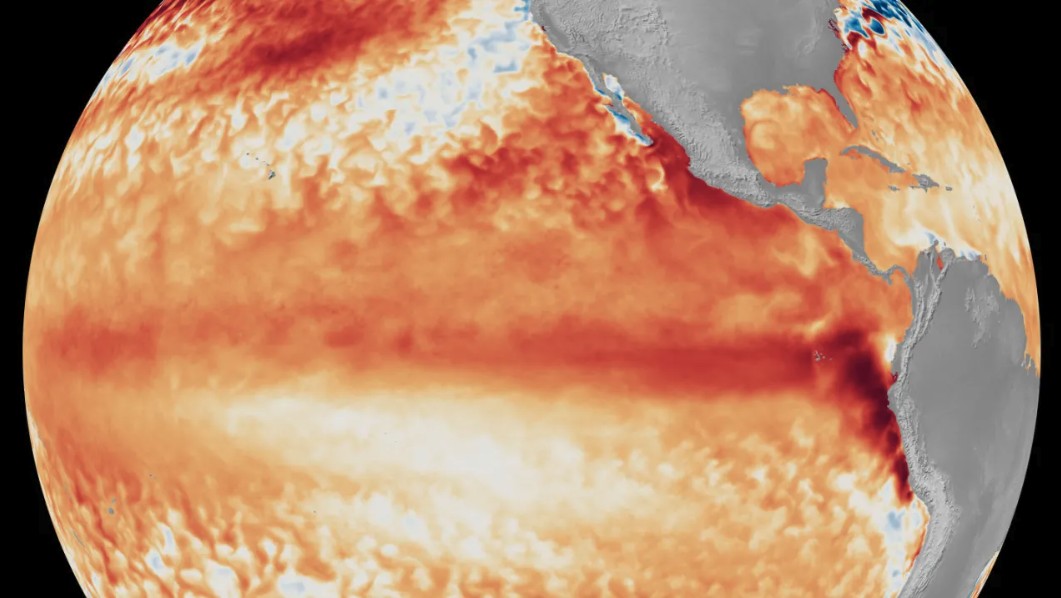 NOAA El Nino forecast map showing warm sea surface temperature anomalies in the equatorial Pacific, June 2026