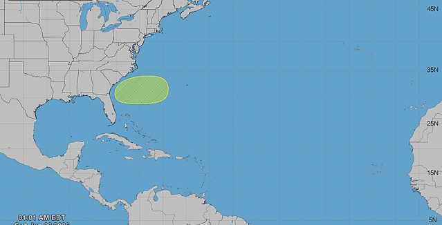 Atlantic tropical development outlook from the NHC Seven-Day Graphical Tropical Weather Outlook, showing a low 20 percent formation area off the southeastern U.S. coast, June 28, 2026.