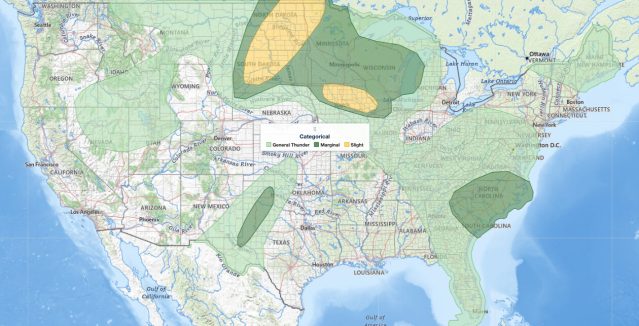 Dakotas severe weather Slight Risk outlook map for June 28, 2026, showing NOAA Storm Prediction Center categorical risk areas across the Dakotas, Minnesota, Iowa, and Wisconsin.