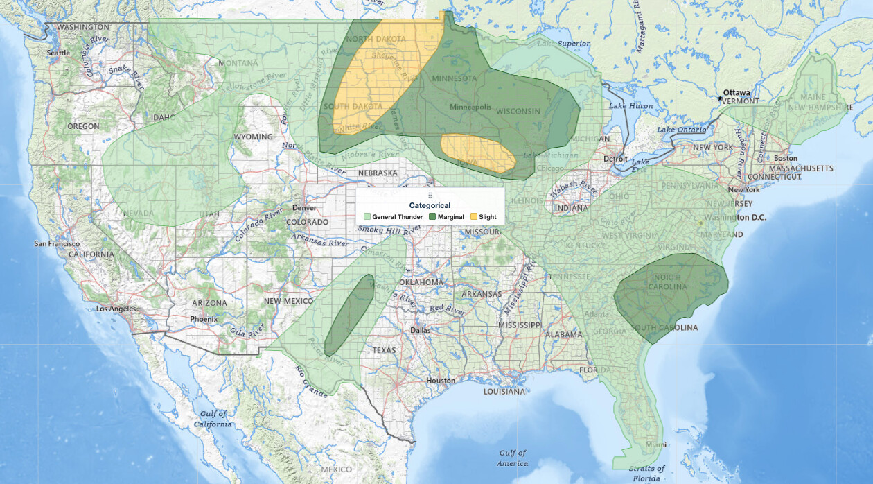 Dakotas severe weather Slight Risk outlook map for June 28, 2026, showing NOAA Storm Prediction Center categorical risk areas across the Dakotas, Minnesota, Iowa, and Wisconsin.