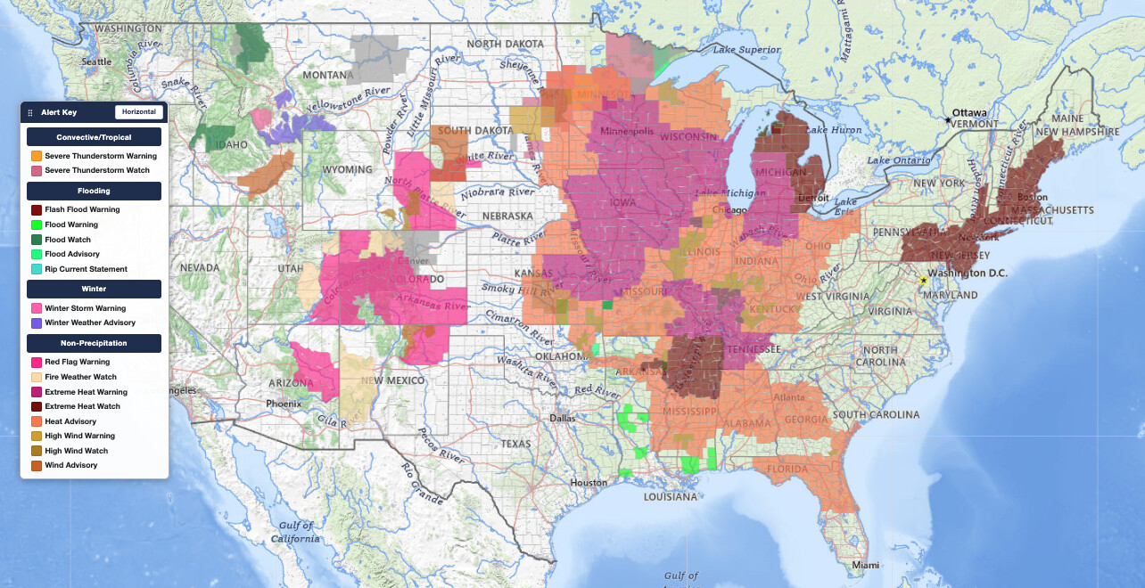 Dangerous heat wave active alerts on June 29, 2026: Extreme Heat Warnings (magenta) across the Upper Midwest, Heat Advisories (orange) from the Plains into the South, and Extreme Heat Watches (maroon) spreading toward the East Coast for the July 4th weekend.