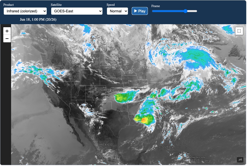iAlert
  GOES-East satellite imagery in colorized infrared showing cloud cover and storms over the United States