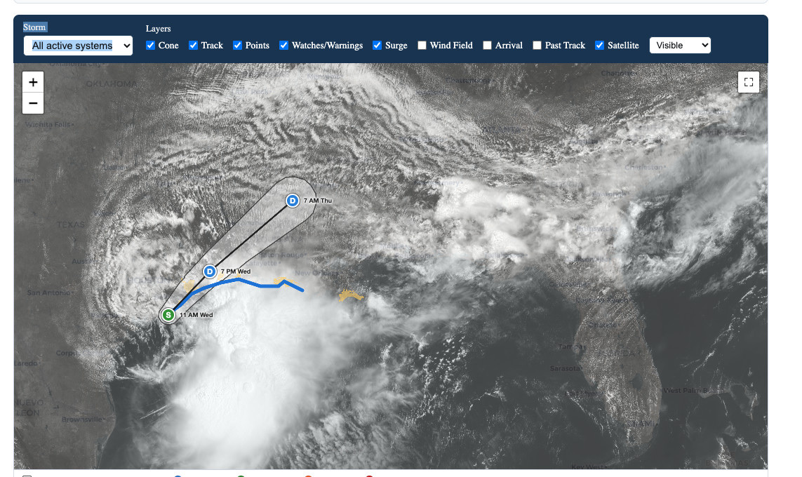 iAlert 
  hurricane tracker showing the National Hurricane Center forecast cone and watches