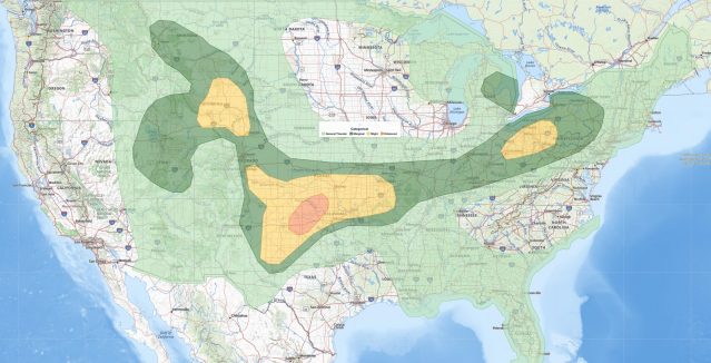 SPC Day 1 Convective Outlook for June 25, 2026, showing the Kansas Oklahoma severe weather threat with an Enhanced risk over central Oklahoma and Slight risk across Kansas, southwest Missouri, and the southern Plains.