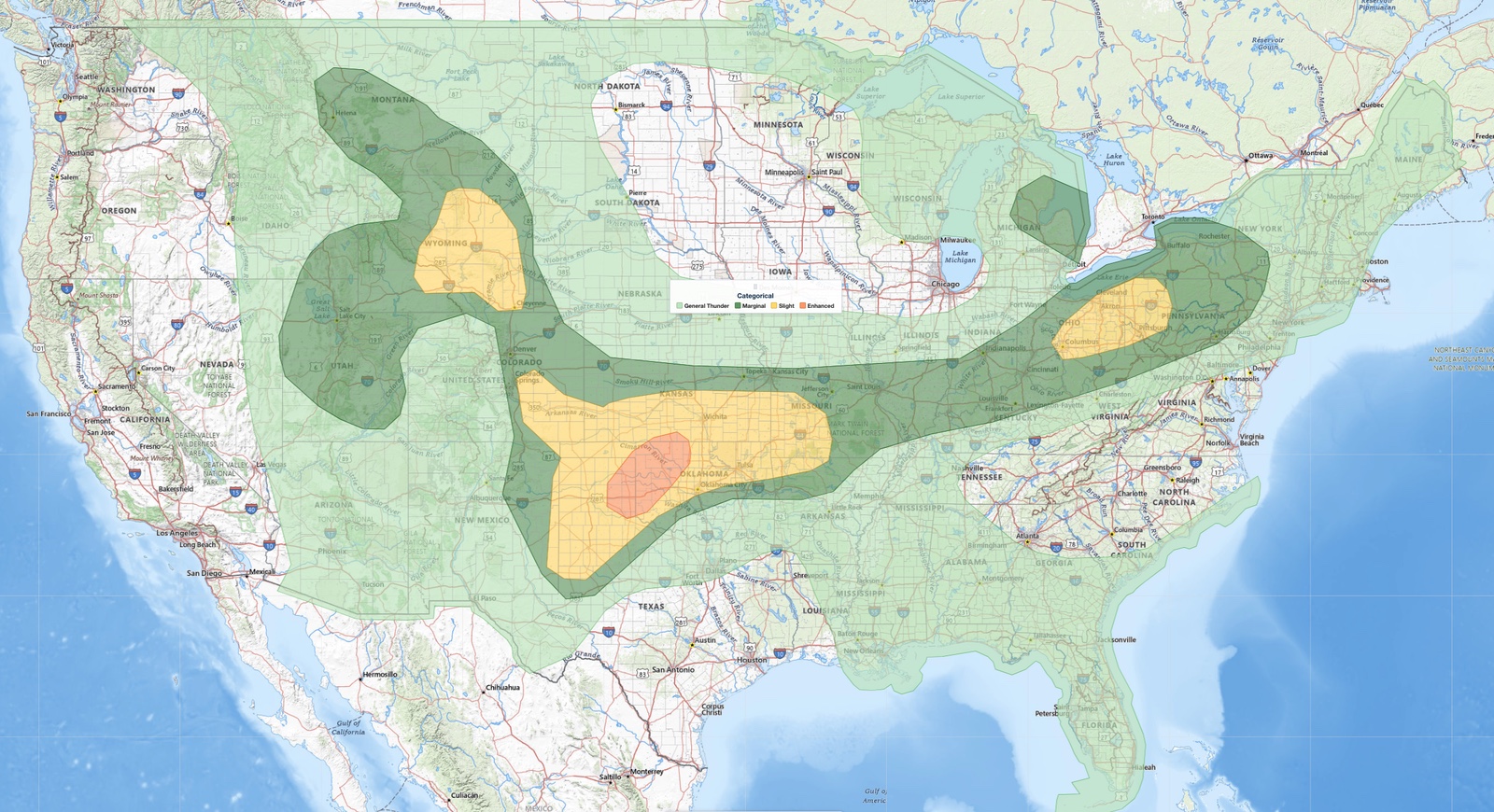 SPC Day 1 Convective Outlook for June 25, 2026, showing the Kansas Oklahoma severe weather threat with an Enhanced risk over central Oklahoma and Slight risk across Kansas, southwest Missouri, and the southern Plains.