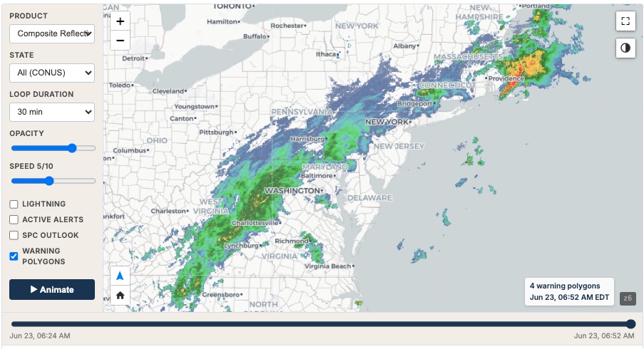 iAlert national weather radar mosaic showing storms across the United States