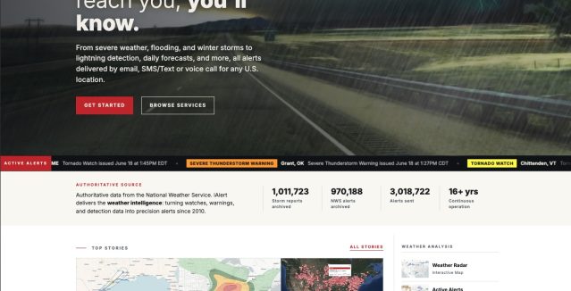 The redesigned iAlert.com homepage showing the new interface, live alerts, top stories, and weather analysis tools