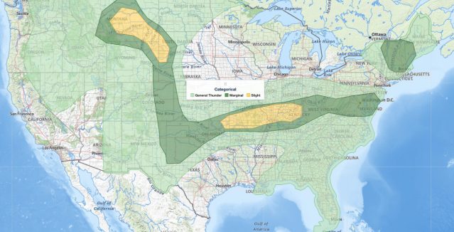 Ozarks severe weather threat on the SPC Day 1 Convective Outlook for June 26, 2026: a Slight risk over the Ozark Plateau into the lower Ohio Valley and a second Slight risk across the northern Rockies into the adjacent Great Plains, surrounded by a Marginal risk.