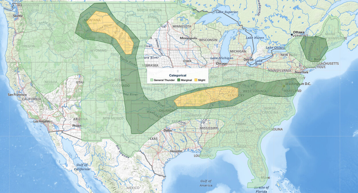 Ozarks severe weather threat on the SPC Day 1 Convective Outlook for June 26, 2026: a Slight risk over the Ozark Plateau into the lower Ohio Valley and a second Slight risk across the northern Rockies into the adjacent Great Plains, surrounded by a Marginal risk.