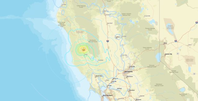 USGS ShakeMap of the Redwood Valley earthquake, a magnitude 5.6 event 11 km north of Redwood Valley in Mendocino County, Northern California on June 24, 2026, showing maximum intensity VII (Very Strong) shaking near the epicenter