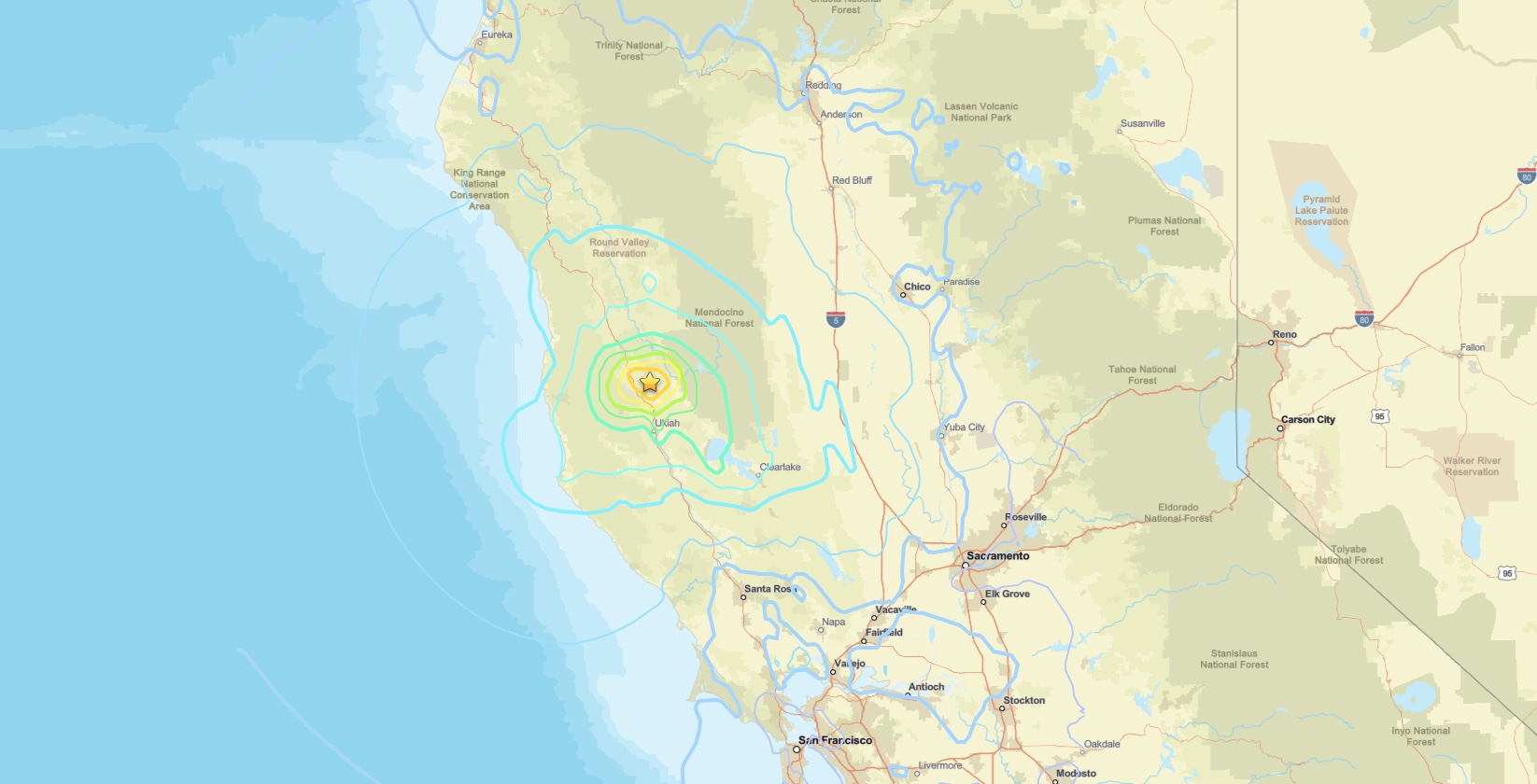USGS ShakeMap of the Redwood Valley earthquake, a magnitude 5.6 event 11 km north of Redwood Valley in Mendocino County, Northern California on June 24, 2026, showing maximum intensity VII (Very Strong) shaking near the epicenter
