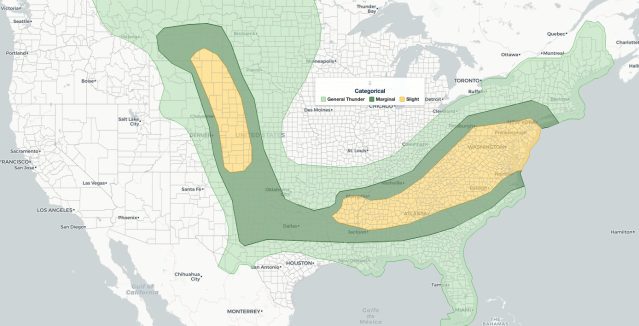 Severe weather June 22, 2026 SPC Day 1 Convective Outlook map showing Slight, Marginal, and General Thunderstorm risk areas from the High Plains to the Mid-Atlantic.
