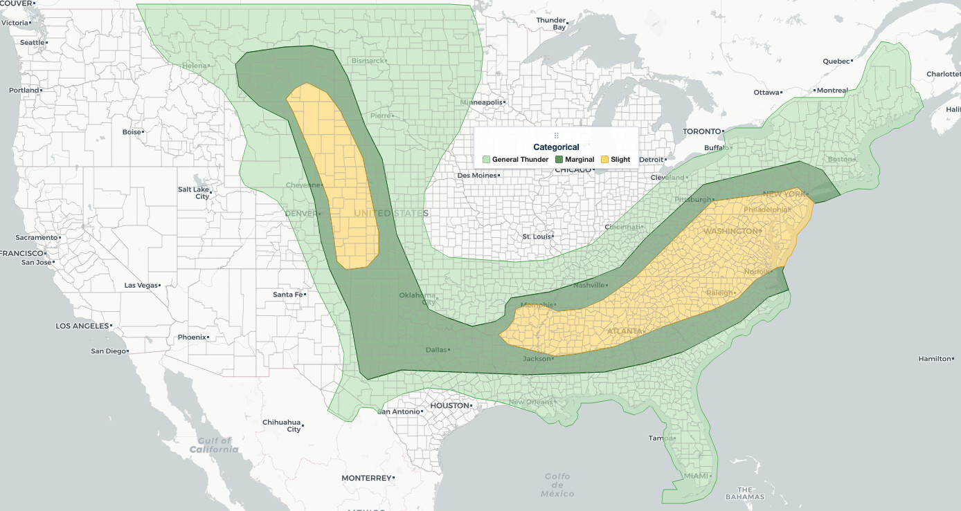 Severe weather June 22, 2026 SPC Day 1 Convective Outlook map showing Slight, Marginal, and General Thunderstorm risk areas from the High Plains to the Mid-Atlantic.
