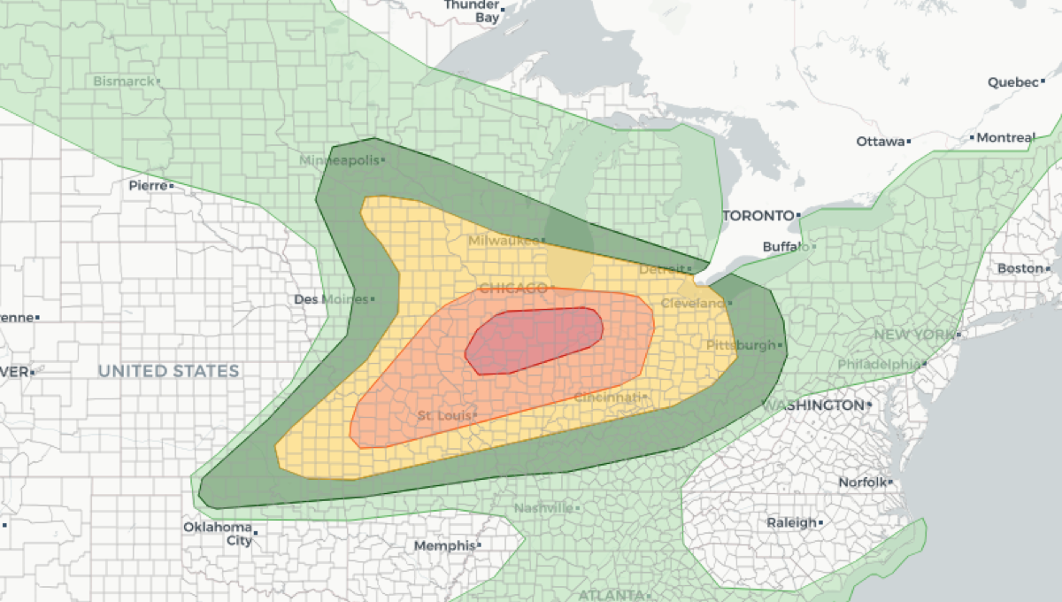 June 17, 2026 severe weather outlook from NOAA SPC showing an Enhanced to
  Moderate risk over the Midwest from Chicago to St. Louis