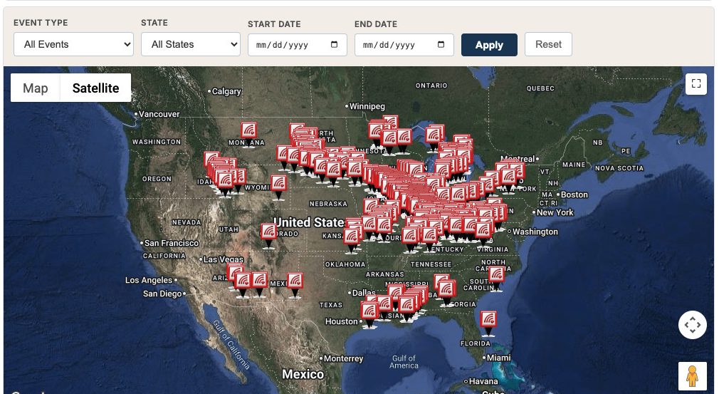 iAlert storm reports map of the United States showing wind, 
  hail, and tornado reports