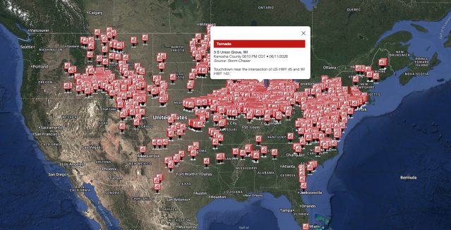 iAlert storm reports map of the United States, June 10 to 12, 2026, with a tornado report highlighted near Union Grove, Wisconsin