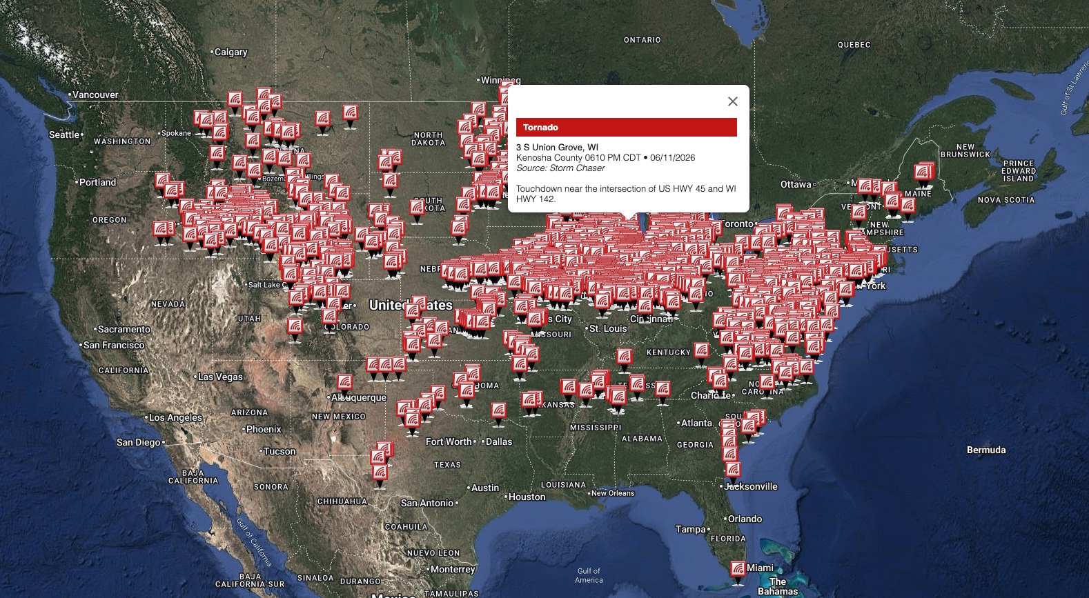 iAlert storm reports map of the United States, June 10 to 12, 2026, with a tornado report highlighted near Union Grove, Wisconsin
