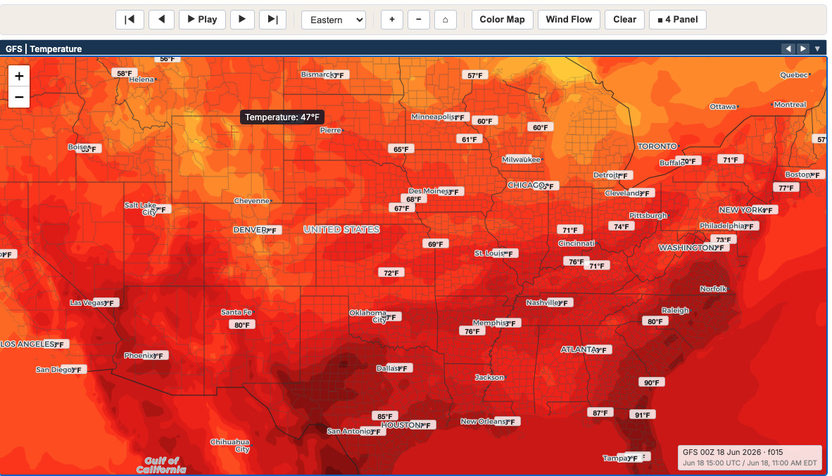 iAlert 
  model analysis view showing GFS temperature guidance across the United States