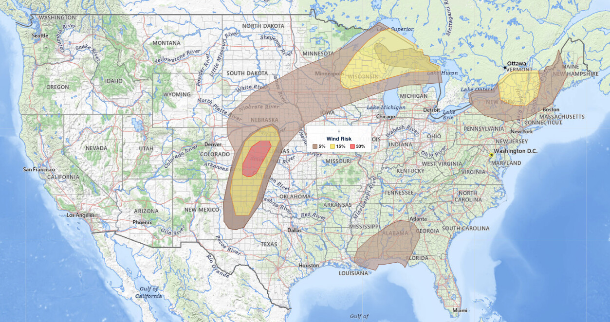 Severe Thunderstorms Wisconsin Michigan damaging wind risk: SPC Day 1 wind probability map for June 30, 2026, with 5, 15, and 
  30 percent areas across Wisconsin, Michigan, the Plains, and the Northeast