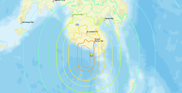 USGS ShakeMap of the magnitude 7.8 Philippines earthquake near Mindanao on June 7, 2026, showing shaking intensity contours
