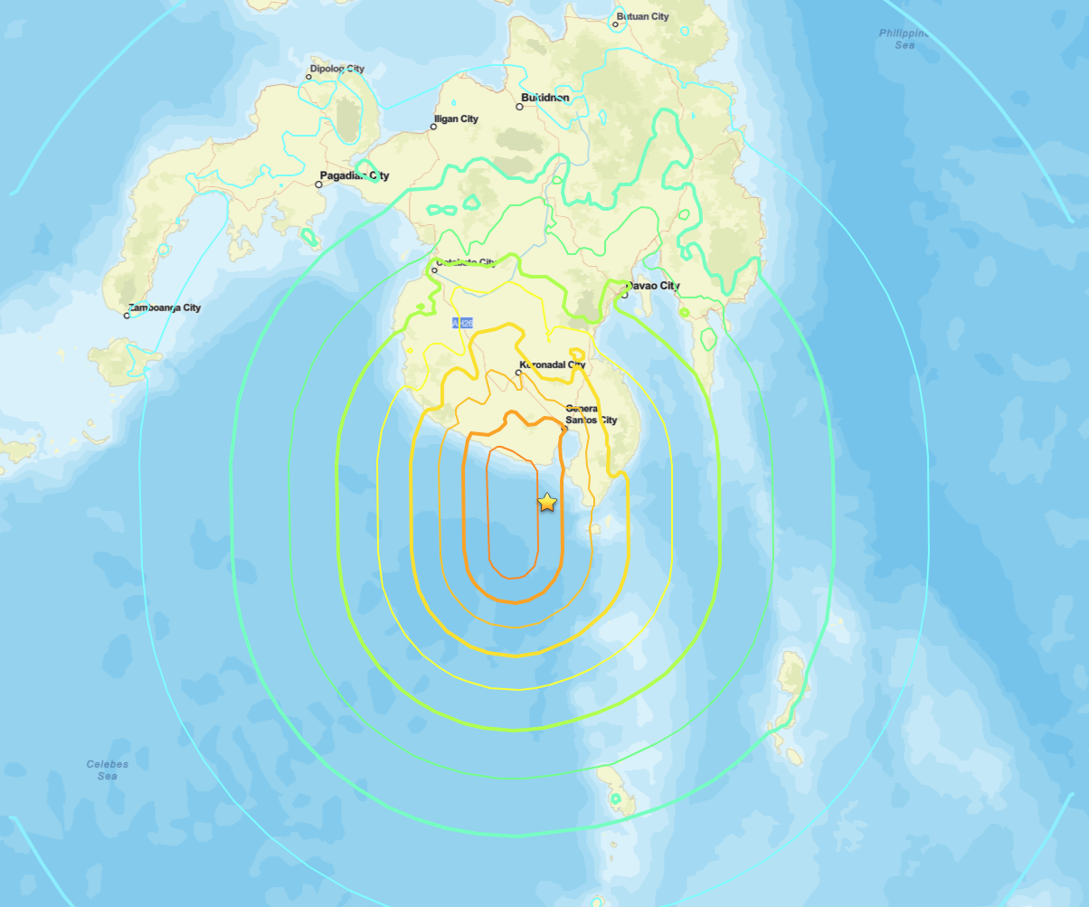 USGS ShakeMap of the magnitude 7.8 Philippines earthquake near Mindanao on June 7, 2026, showing shaking intensity contours