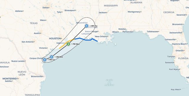 Potential Tropical Cyclone One NHC forecast track and cone of uncertainty from Corpus Christi, Texas to Alexandria, Louisiana
