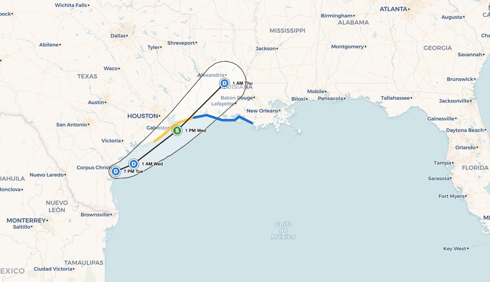 Potential 
  Tropical Cyclone One NHC forecast track and cone of uncertainty from Corpus Christi, Texas to Alexandria, Louisiana
