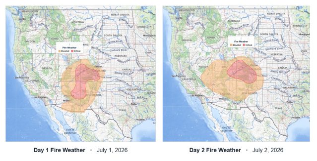 Critical fire weather outlook from the SPC for July 1 and July 2, 2026, showing Elevated and Critical risk zones across the Southwest.