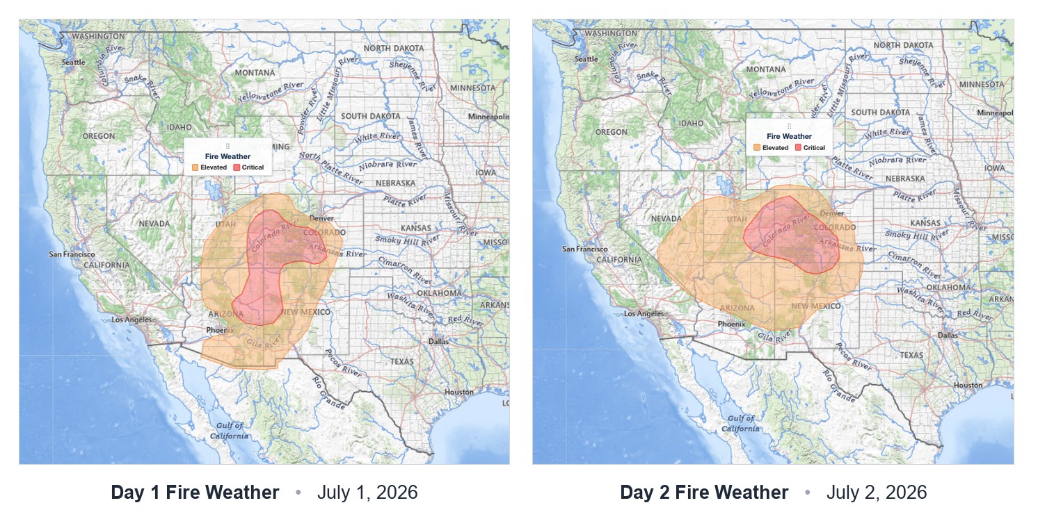 Critical fire weather outlook from the SPC for July 1 and July 2, 2026, showing Elevated and Critical risk zones across the Southwest.