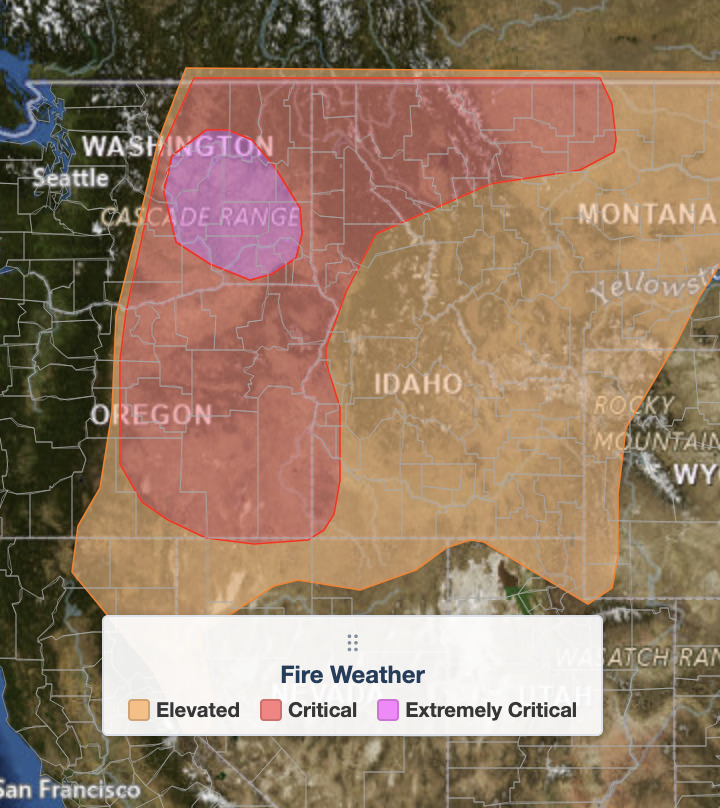 Zoomed map of the extremely critical fire weather zone over the Columbia Basin in central and southeastern 
  Washington, ringed by Critical risk across eastern Oregon, the Idaho Panhandle, and Montana