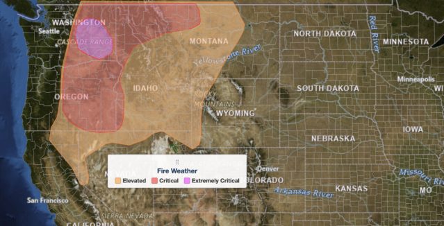 Extremely critical fire weather risk areas for Saturday, August 1, 2026. Elevated in orange, Critical in red, Extremely Critical in magenta. Source: NOAA Storm Prediction Center.