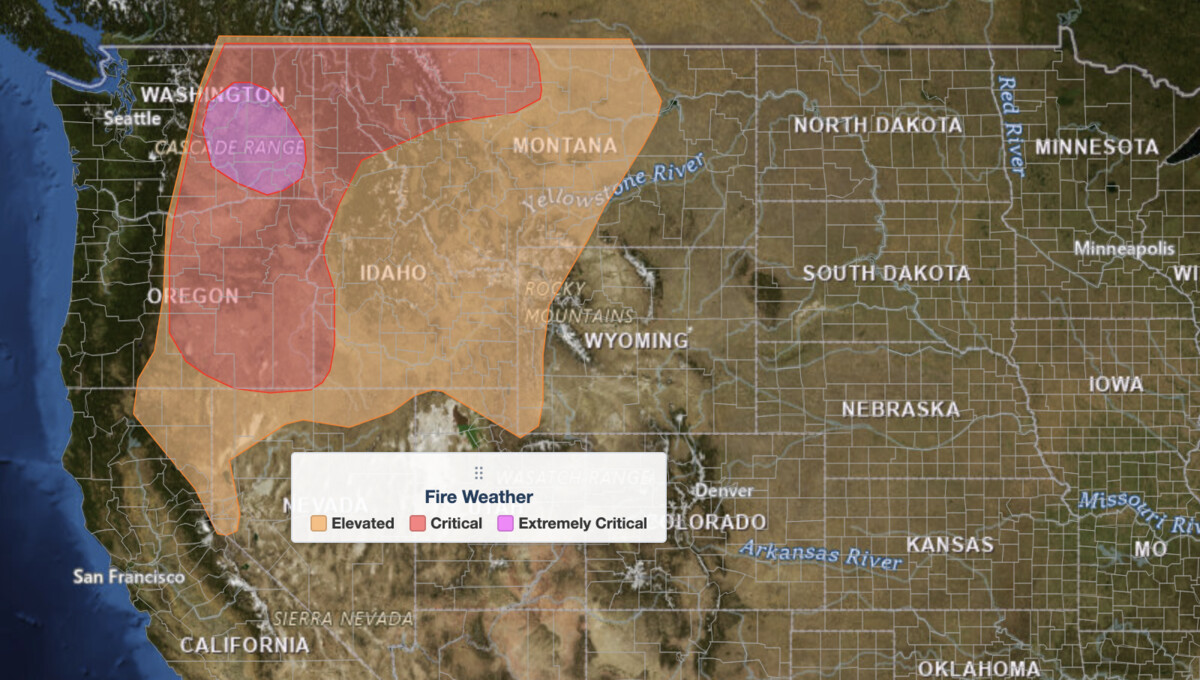 Extremely critical fire weather outlook map for August 1, 2026 showing the SPC Extremely Critical risk area over 
  the Columbia Basin plus Critical and Elevated risk across the interior western United States