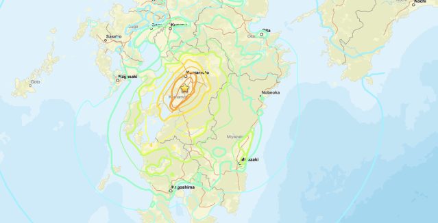 Japan earthquake USGS ShakeMap showing magnitude 6.8 shaking intensity contours centered 5 km east of Uto, Kumamoto Prefecture, Kyushu, on July 28, 2026.