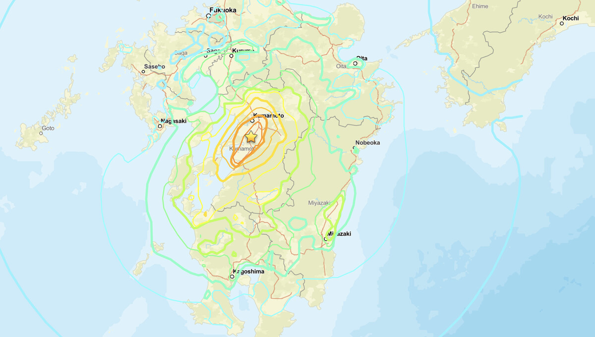 Japan earthquake USGS ShakeMap 
  showing magnitude 6.8 shaking intensity contours centered 5 km east of Uto, Kumamoto Prefecture, Kyushu, on July 28, 2026.