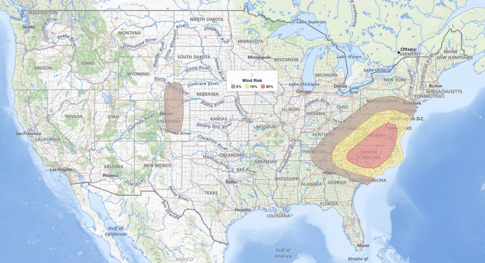 Mid-Atlantic 
  severe thunderstorms wind risk map July 28, 2026 with a 30% damaging wind area over Virginia and North Carolina
