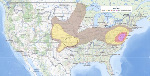 Mid-Atlantic severe thunderstorms wind risk map for July 4, 2026, showing SPC damaging wind probabilities up to 45 percent near Washington DC, Maryland, Virginia, and southern New Jersey