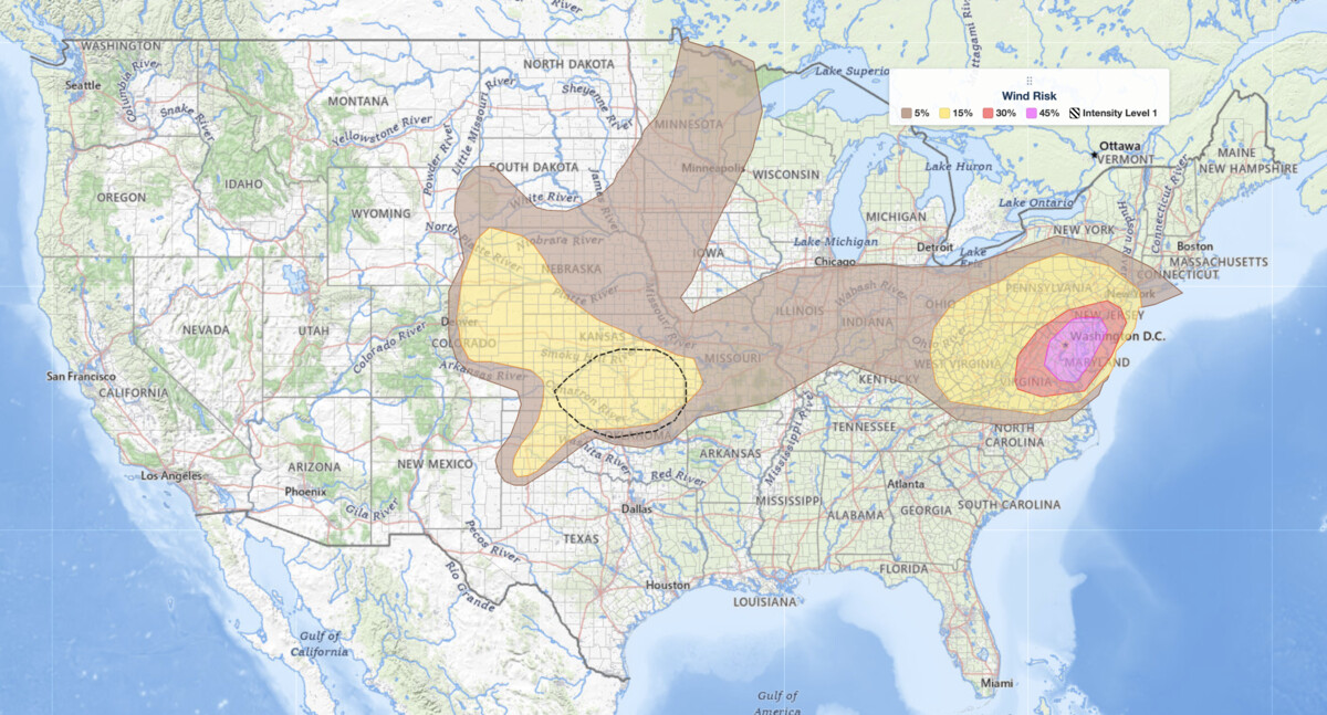 Mid-Atlantic severe thunderstorms wind risk map for July 4, 2026, showing SPC damaging wind probabilities up to 45 
  percent near Washington DC, Maryland, Virginia, and southern New Jersey