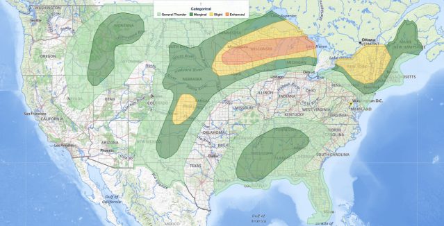 Midwest severe thunderstorms Enhanced Risk categorical outlook for July 1, 2026, from the NOAA Storm Prediction Center