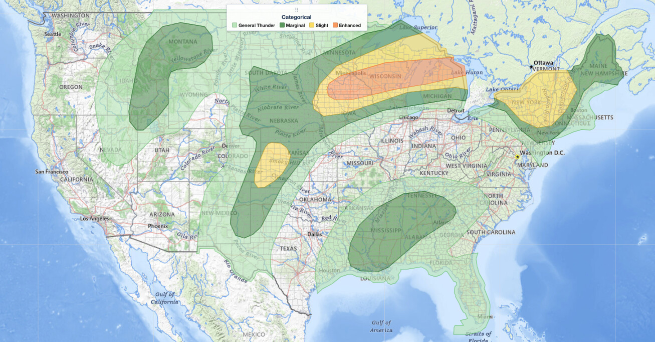 Midwest severe thunderstorms Enhanced Risk categorical outlook for July 1, 2026, from the NOAA Storm Prediction Center