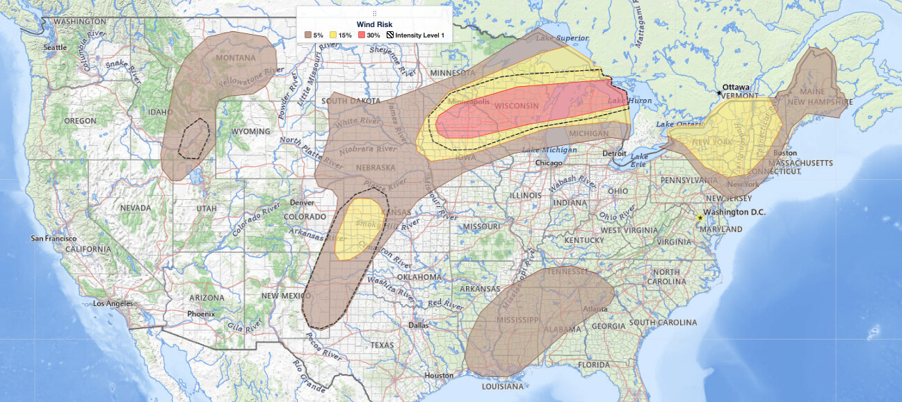 Midwest severe thunderstorms damaging wind risk for July 1, 2026, showing a 30 percent hatched zone over the Upper
  Midwest and Great Lakes