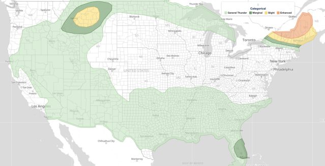 Northeast severe thunderstorms categorical outlook for July 14, 2026: SPC Enhanced Risk over northern New York, Vermont, and Maine.