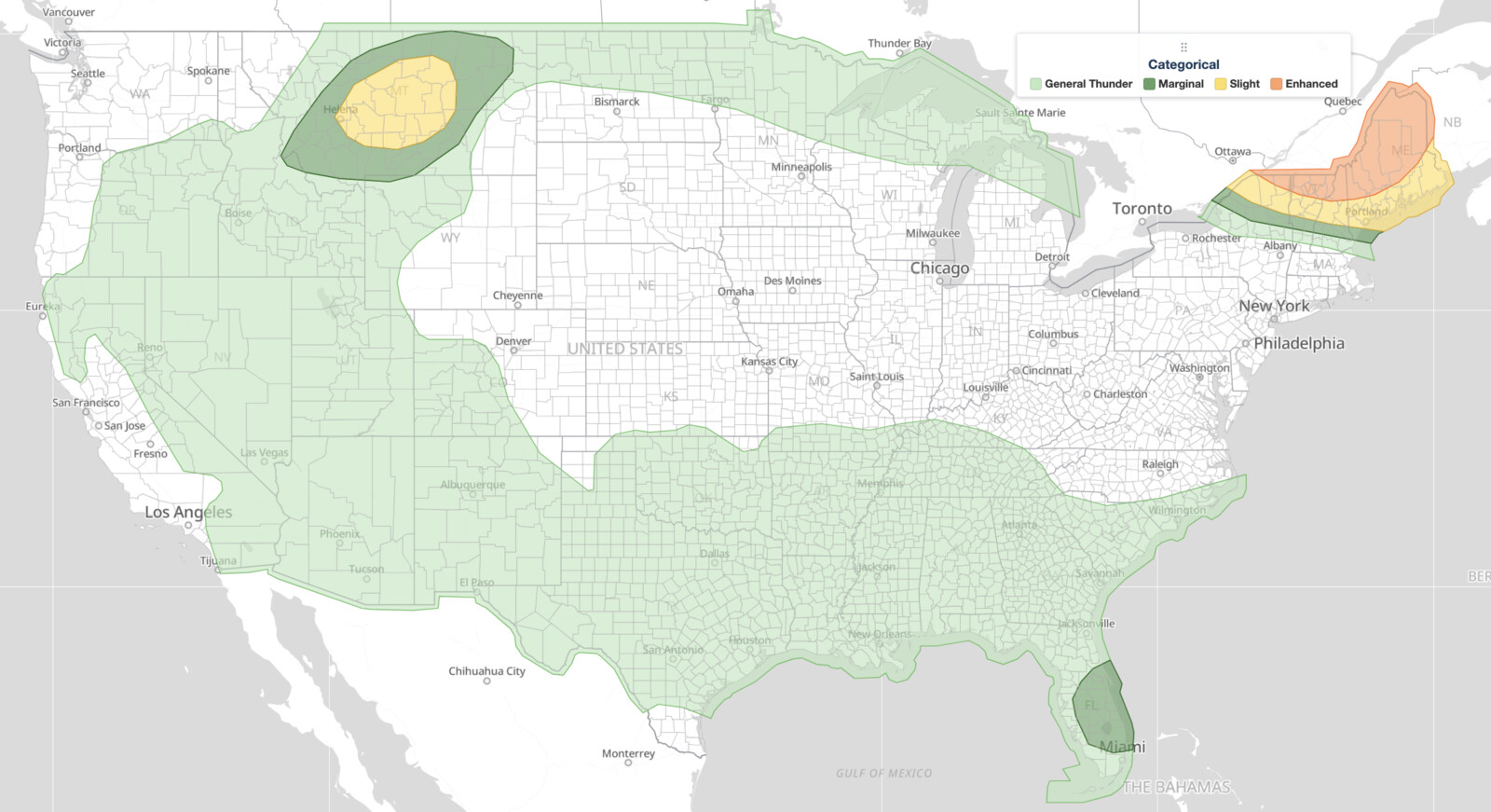 Northeast severe thunderstorms categorical outlook for July 14, 2026: SPC Enhanced Risk over northern New York, Vermont, and Maine.