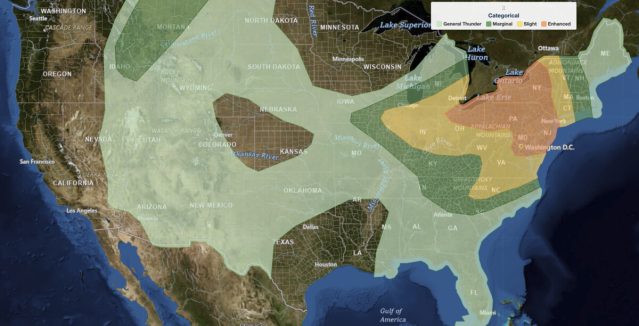 SPC categorical severe weather outlook for the Northeast severe thunderstorms on July 18, 2026, with an Enhanced Risk across the Northeast and Mid-Atlantic.