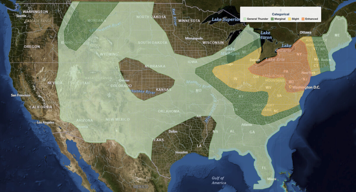 SPC categorical severe weather outlook for the Northeast severe thunderstorms on July 18, 2026, with an Enhanced Risk across the Northeast and Mid-Atlantic.