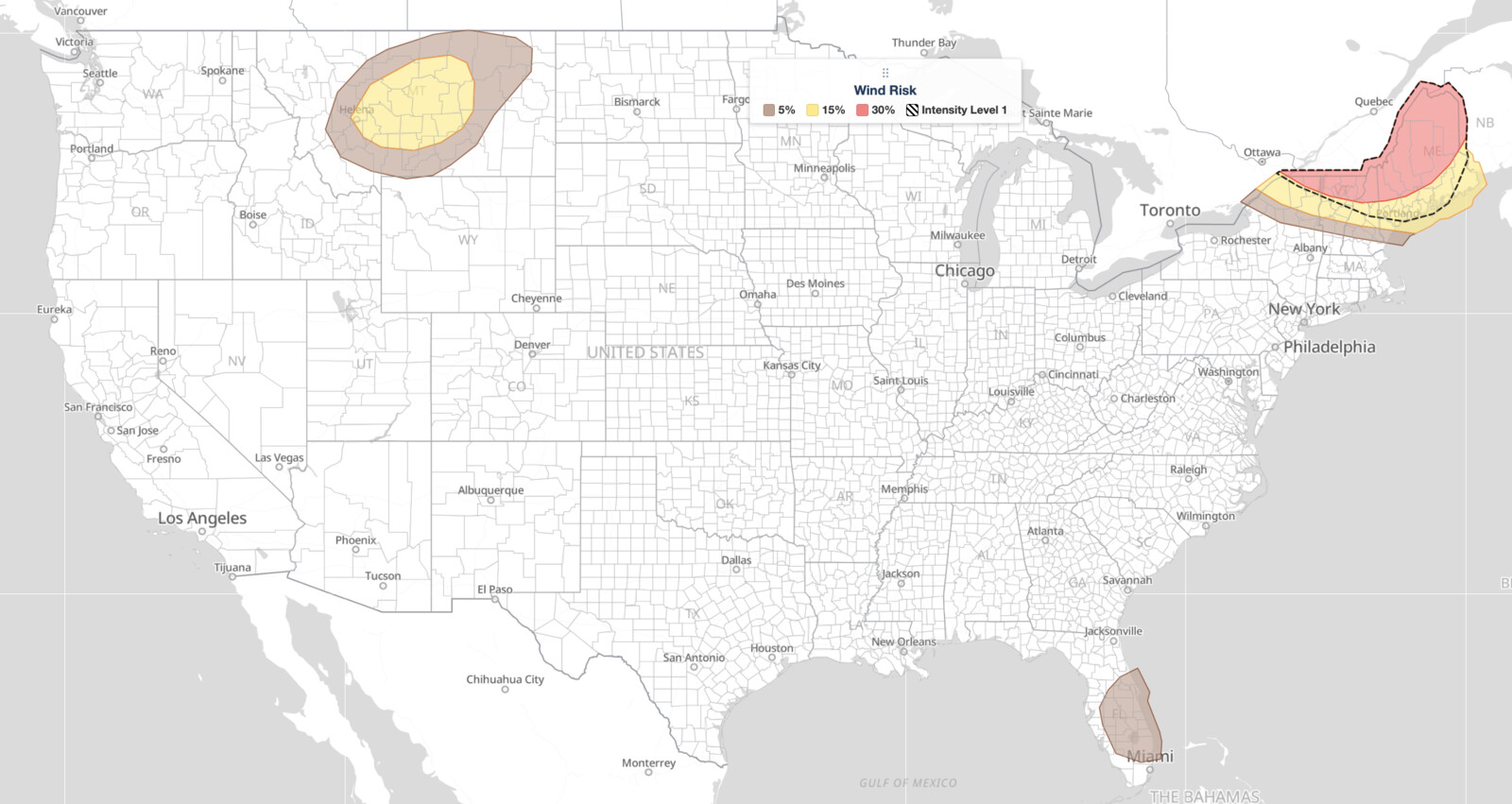 Northeast severe 
  thunderstorms wind risk map for July 14, 2026: SPC 30% damaging wind area over northern New York, Vermont, and Maine.