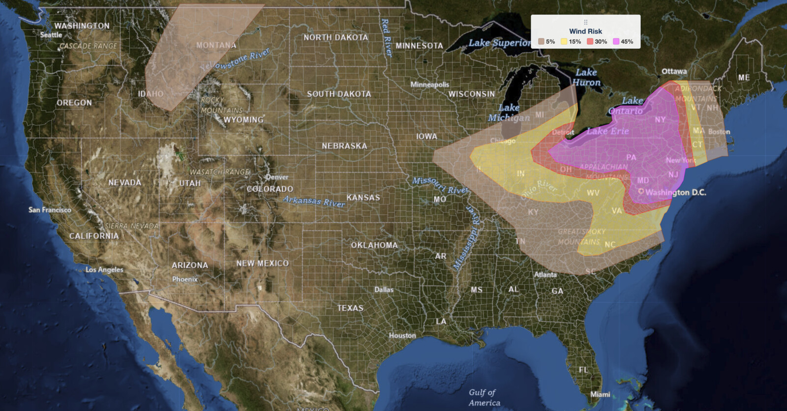 SPC wind risk map for 
  the Northeast severe thunderstorms on July 18, 2026, showing a 45% damaging wind probability from the Ohio Valley to New England.
