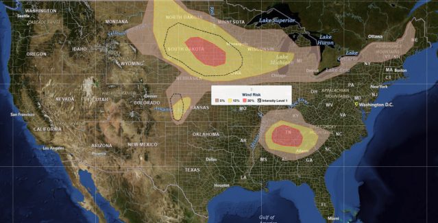 Northern Plains severe thunderstorms wind risk map for July 2, 2026, showing a 30 percent damaging wind probability and significant severe area over the Dakotas and Minnesota